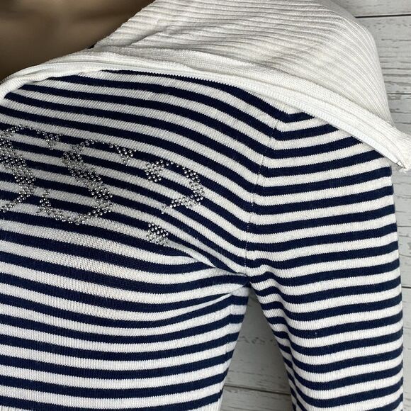 Guess Sweater Jacket Juniors Medium Black White Striped Rhinestone Logo Full Zip - Picture 6 of 12